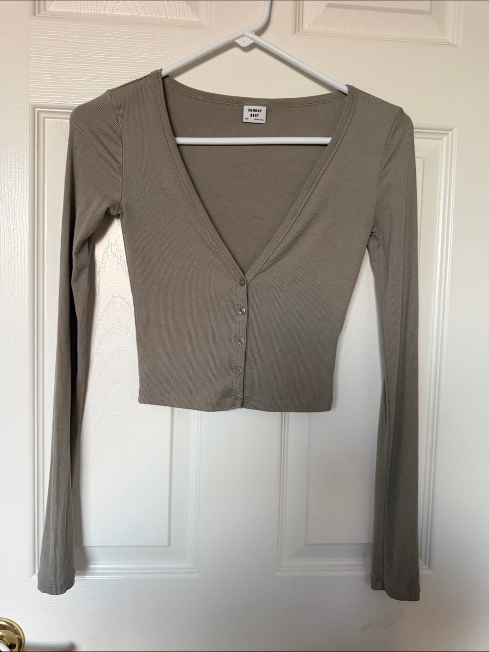 Sunday Best Taupe Long Sleeve V-Neck Button Crop Top